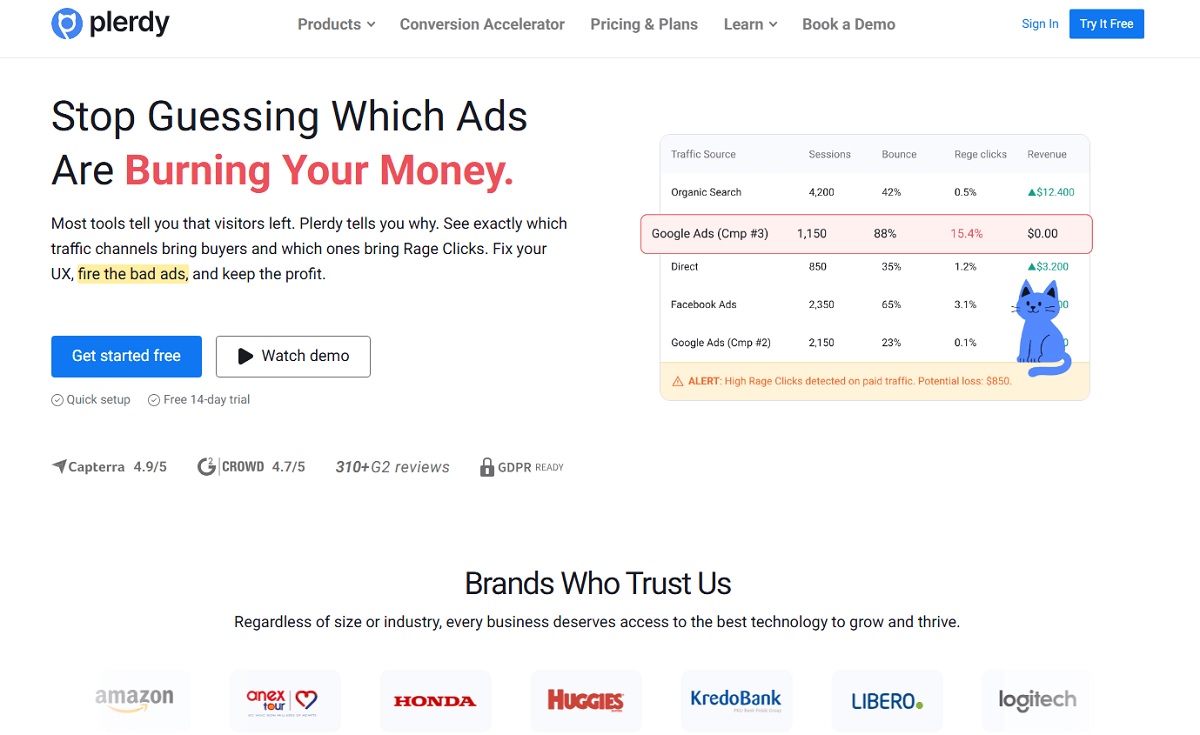 Plerdy click heatmap overlaying a product page with click density by device type