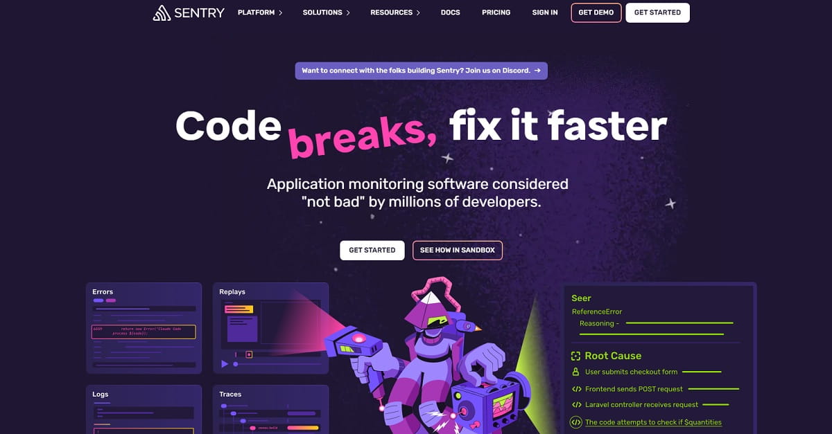 Sentry error detail view with a stack trace and the linked session replay