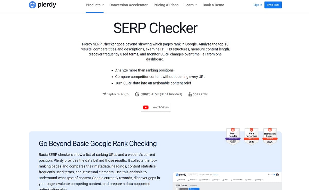 Plerdy SERP Checker dashboard for rank tracking and competitor content analysis