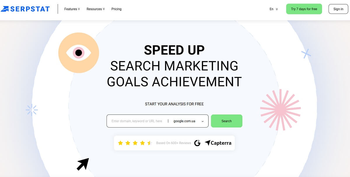 Serpstat Rank Tracker showing keyword positions and SERP features