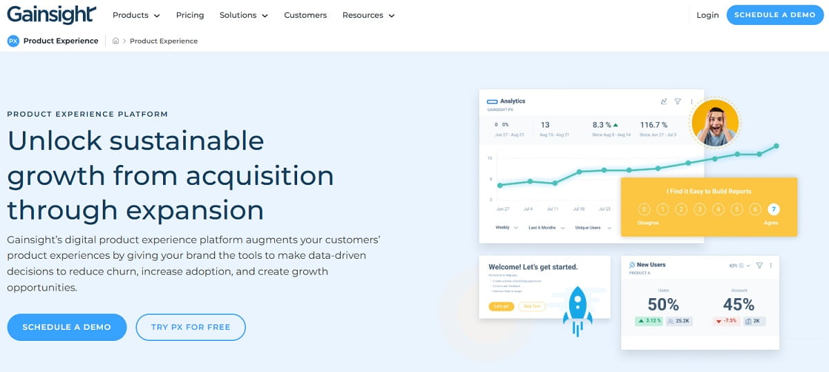 Gainsight PX in-app engagement analytics tied to customer health score
