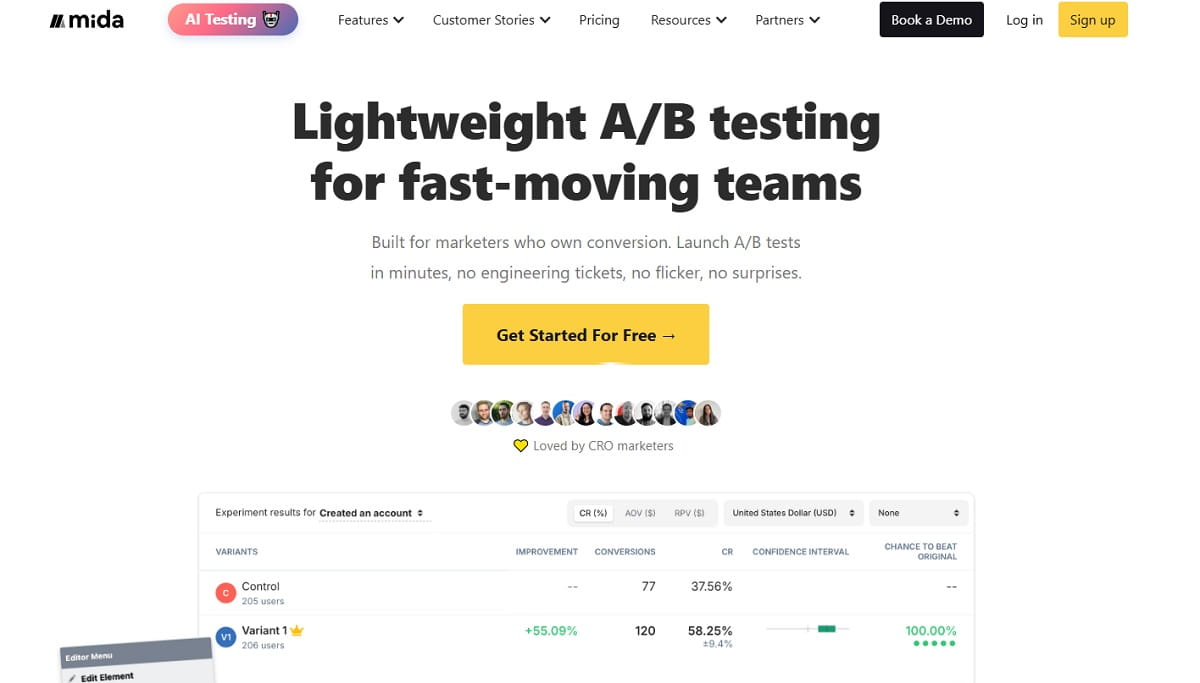 Mida performance-first A/B test editor with monthly tested users counter