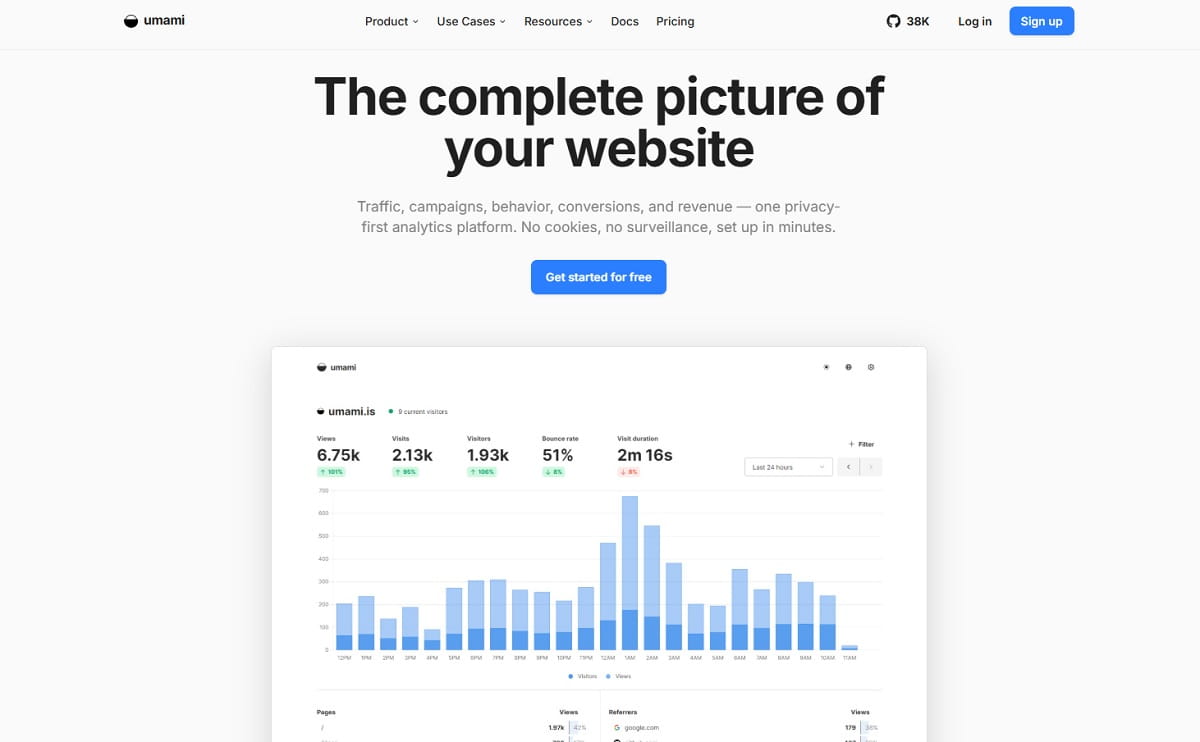 Umami open-source analytics dashboard running on a self-hosted server