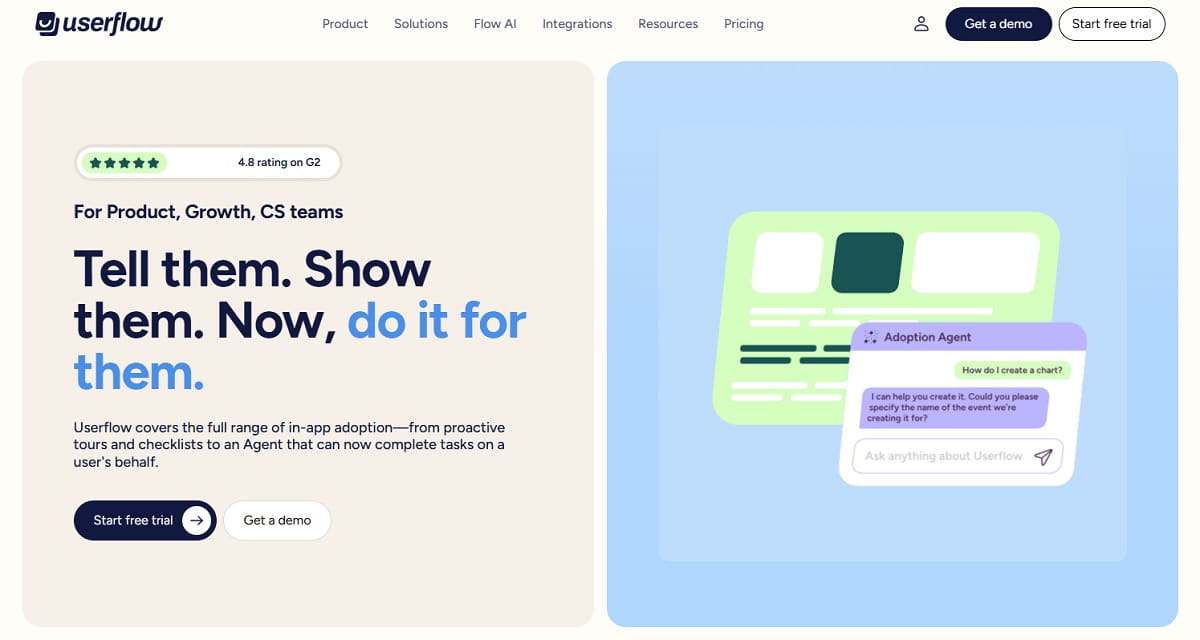 Userflow Adoption Studio flow builder with checklist and survey steps