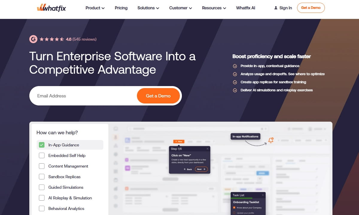 Whatfix digital adoption platform in-app guidance overlay on an enterprise app