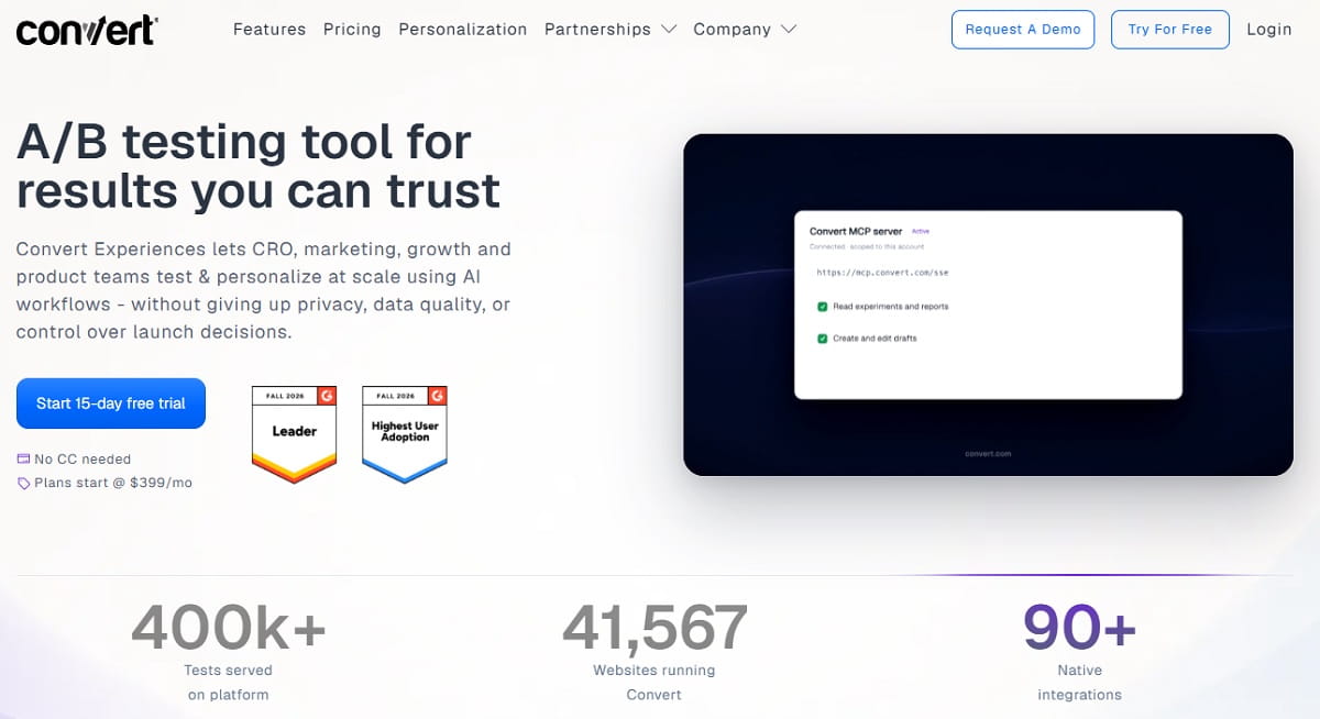 Convert Experiences A/B testing dashboard with experiment results