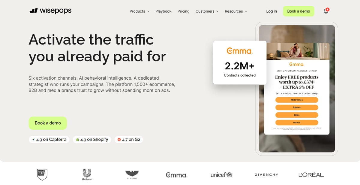 Wisepops dashboard showing revenue attribution across popups, bars and web push