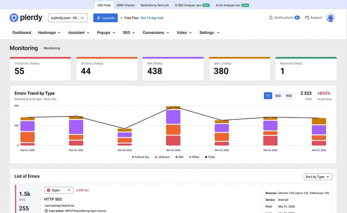 Plerdy Site Errors dashboard