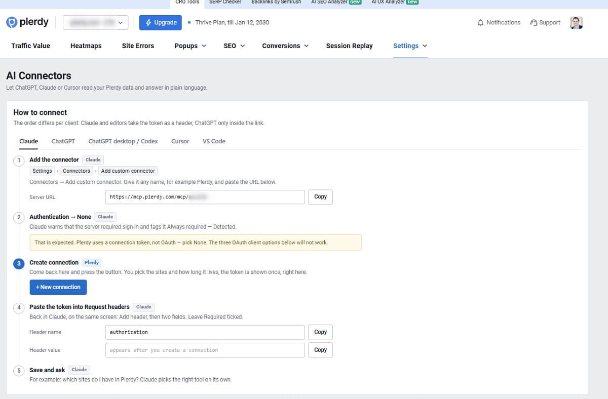Create a connection in Plerdy