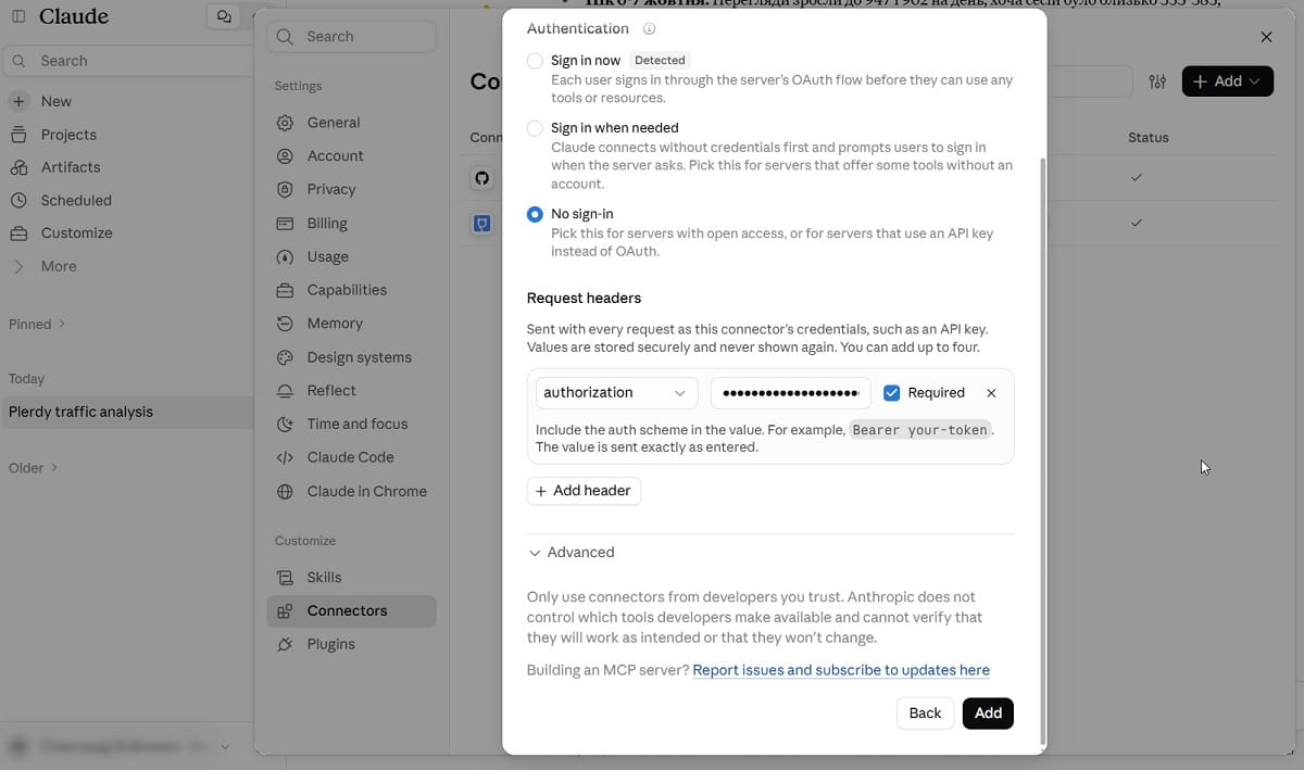 Paste the header into Claude and add the connector-02